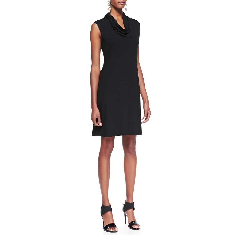 Eileen Fisher Women Solid Black Viscose Sleeveless Cowl-Neck Basic Dress Size PP
